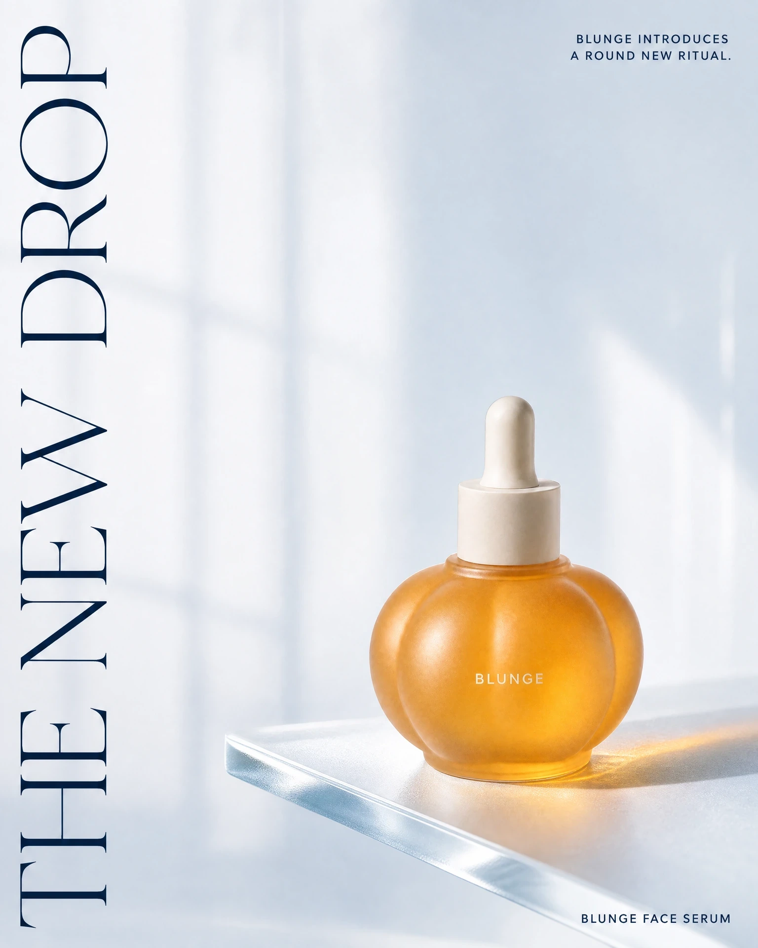 THE NEW DROP serum ad with vertical typography against pale blue