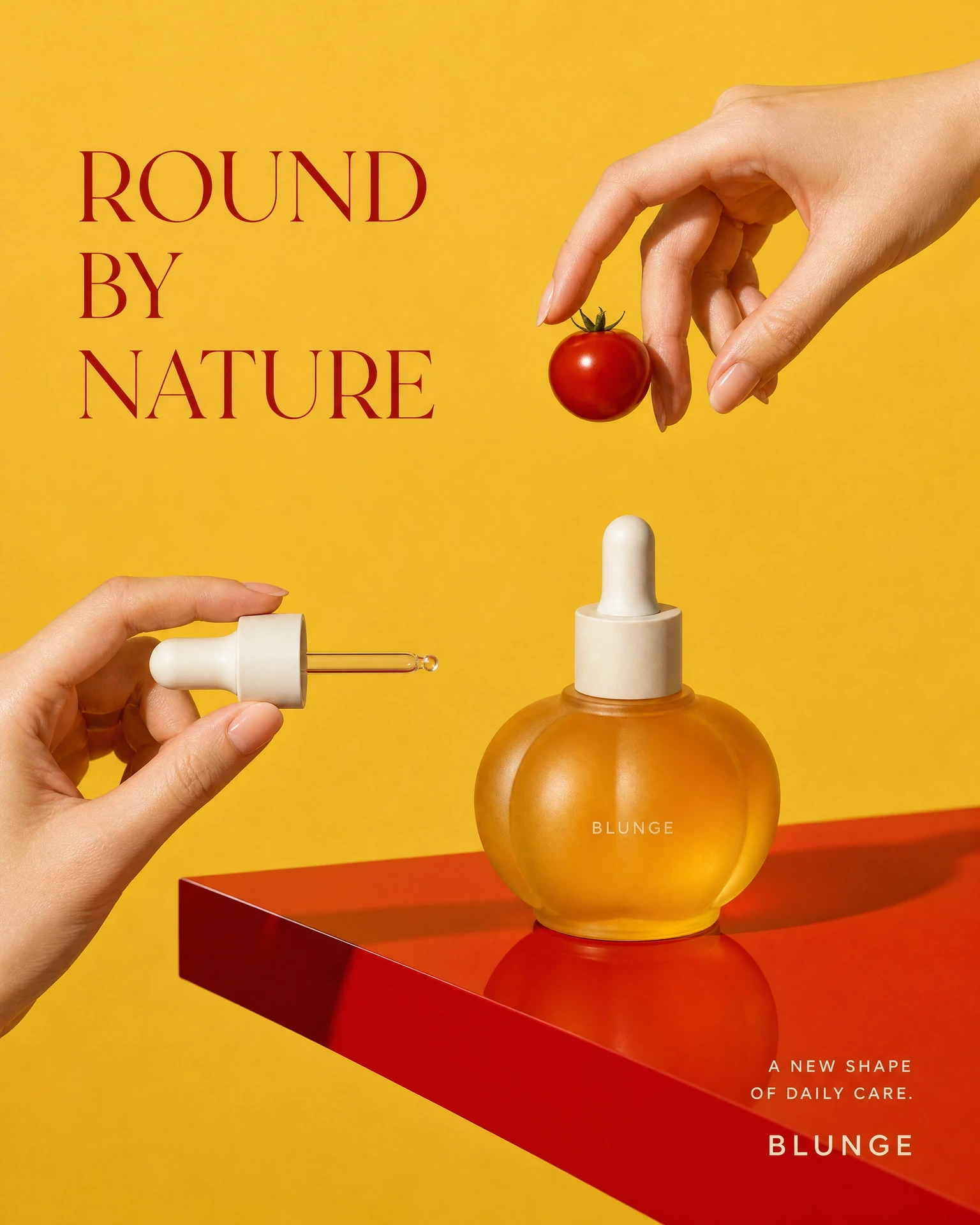 ROUND BY NATURE serum ad with hands against a yellow background
