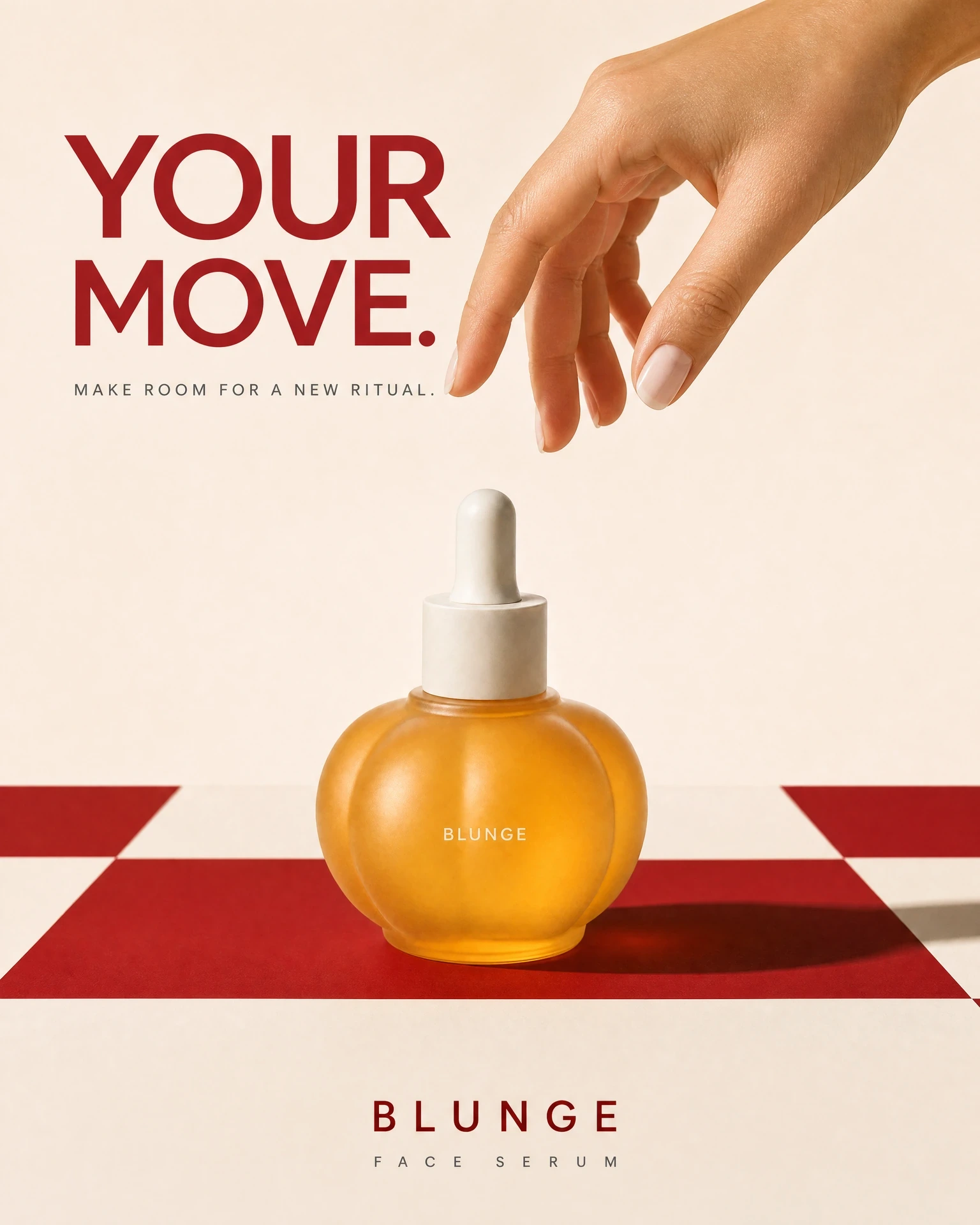 YOUR MOVE serum ad with hands against a cream and red checkerboard background