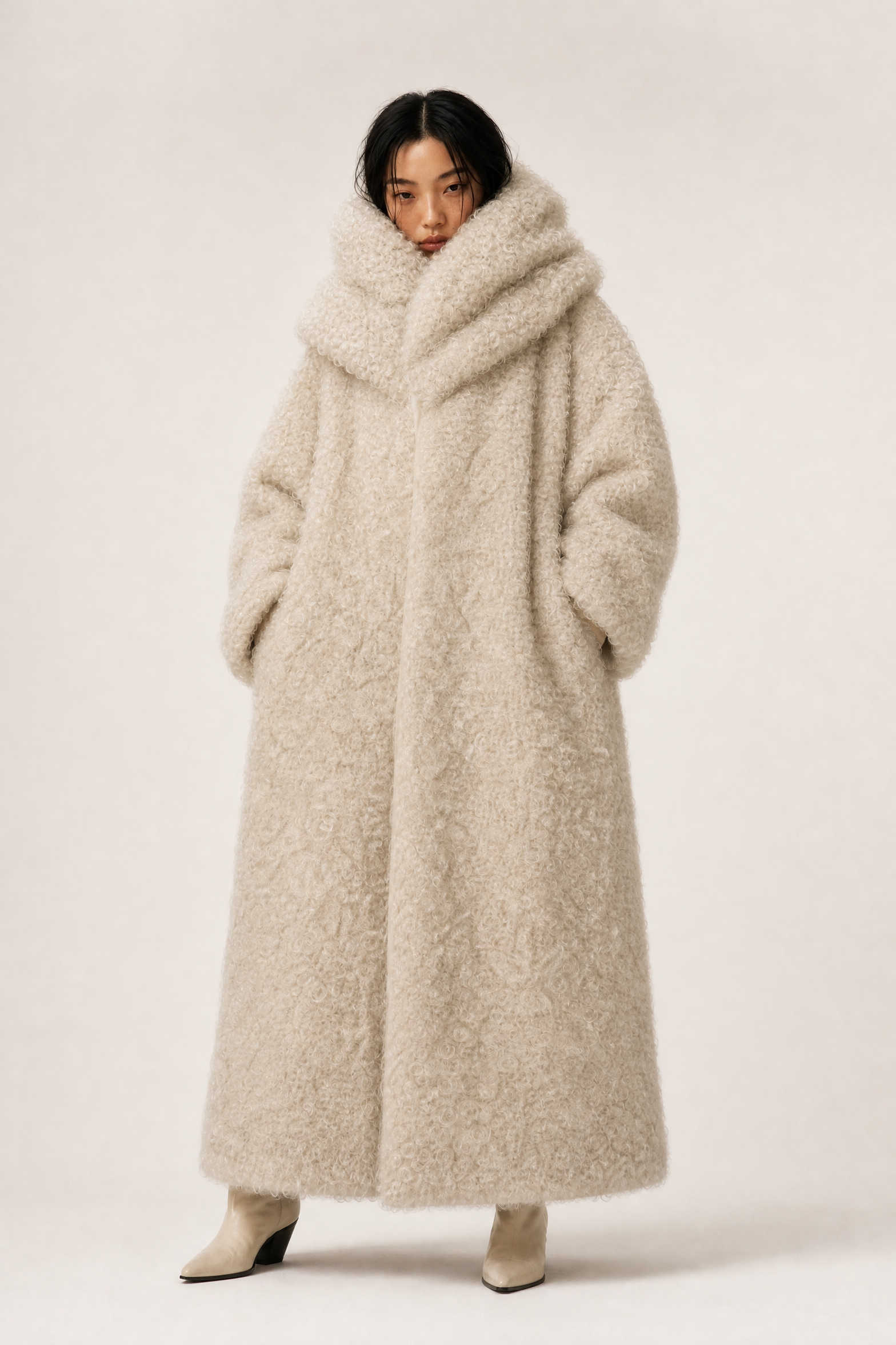 Cream coat model shot, front pose
