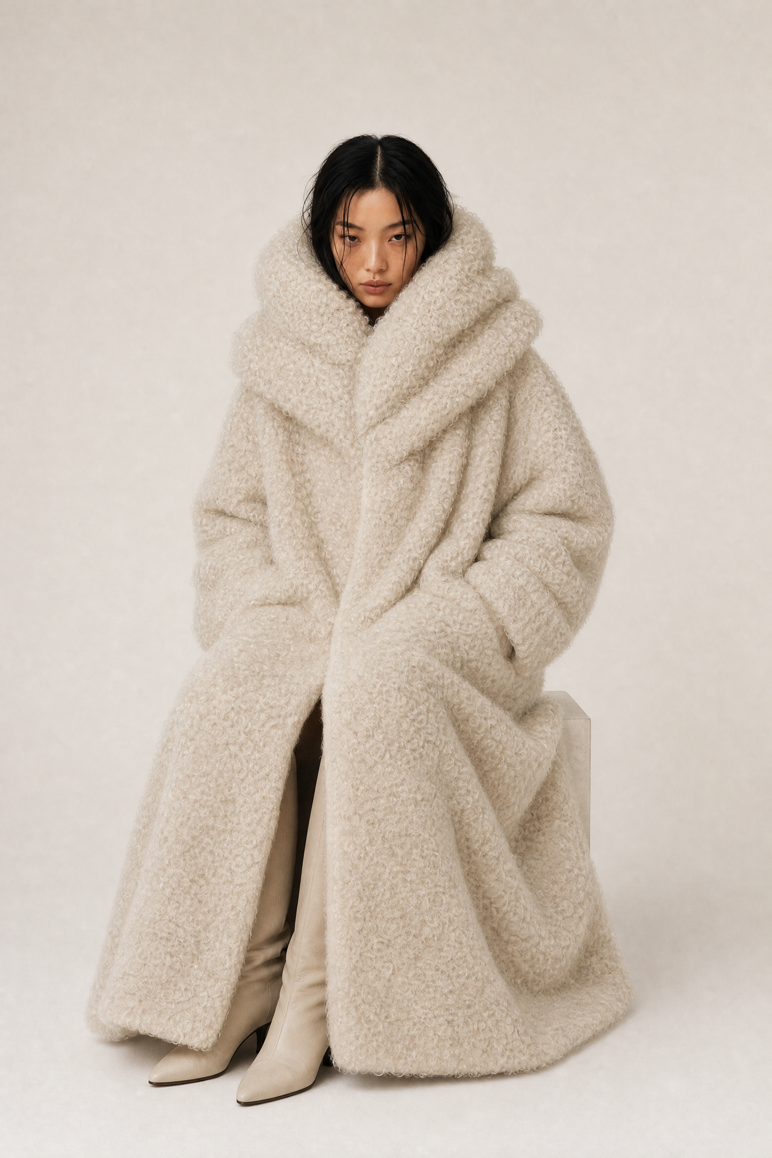 Cream coat model shot, seated pose