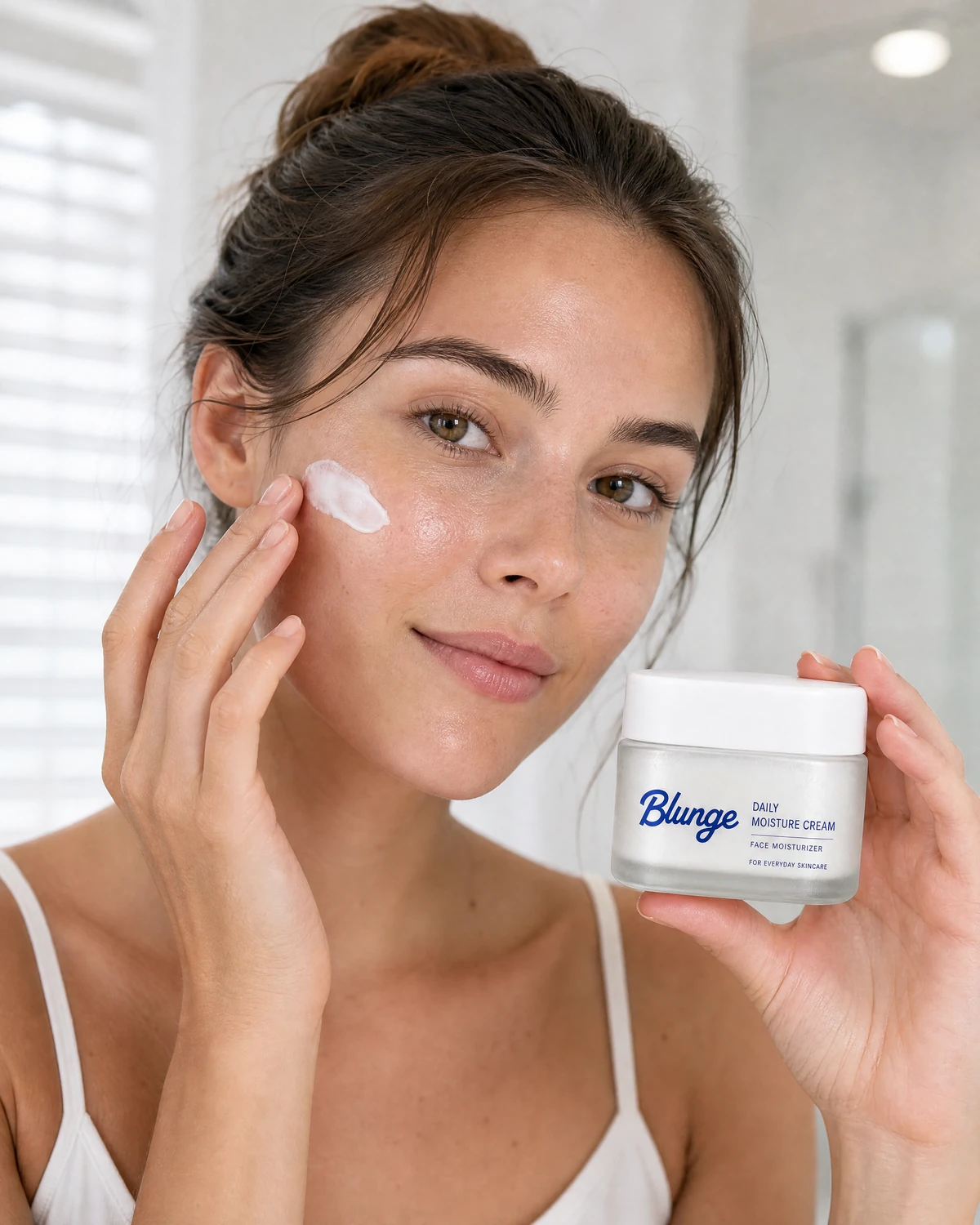Model applying face cream while holding a cream jar