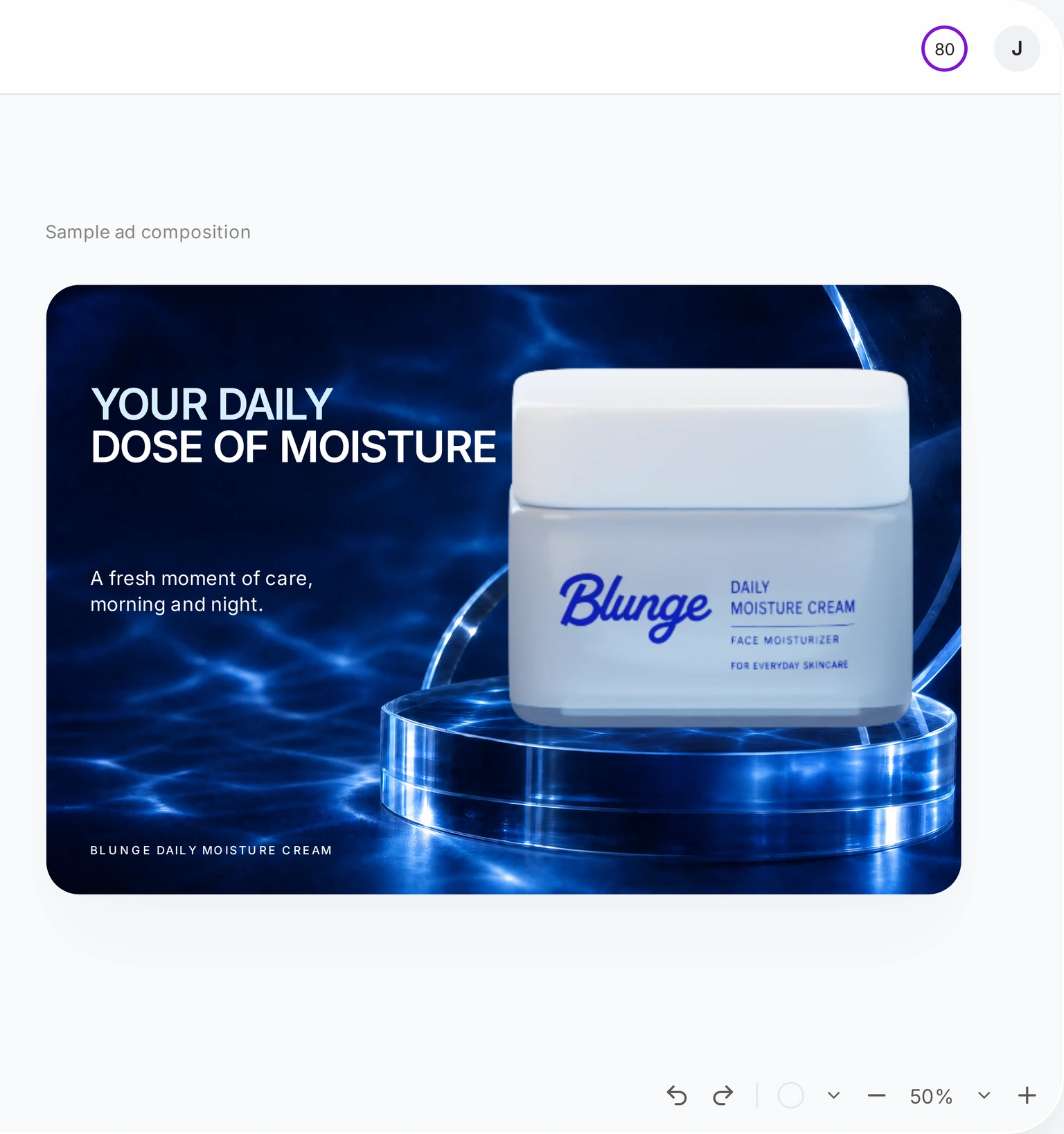 The workspace and chat with the edited headline preserved on a finished bright ad with blue type
